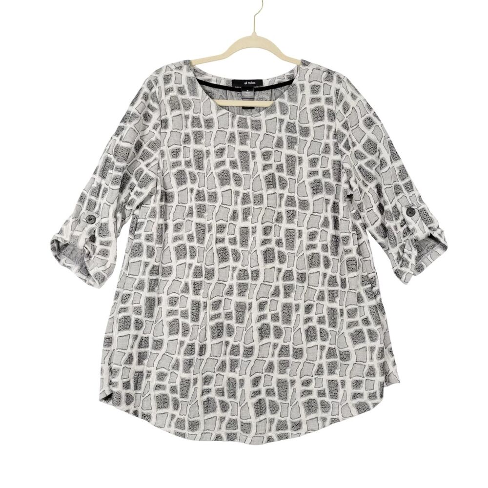 ALI MILES Gray White Artsy Semi Sheer Geometric Lagenlook Tunic Top SIZE MEDIUM